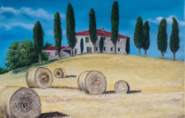Field, landscape, house, picture, Italy, Tuscany