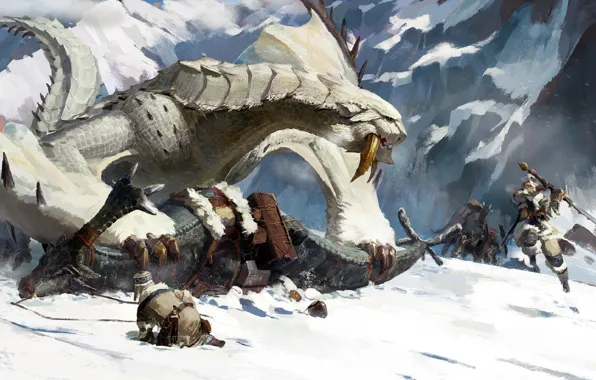 Picture sword, rock, fantasy, Monster, mountain, snow, battle, weapons