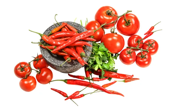 Picture white background, pepper, tomatoes, Chile