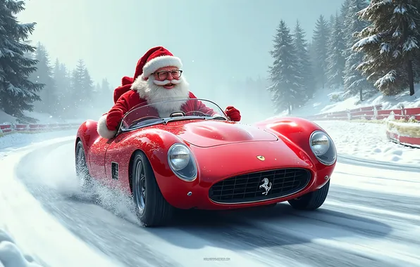 Picture Ferrari, winter, snow, Santa Claus