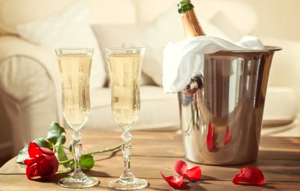 Flower, table, holiday, rose, bottle, petals, glasses, champagne