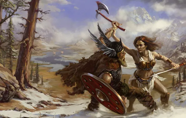 Picture nature, rage, helmet, battle, axe, shield, Viking, girl warrior