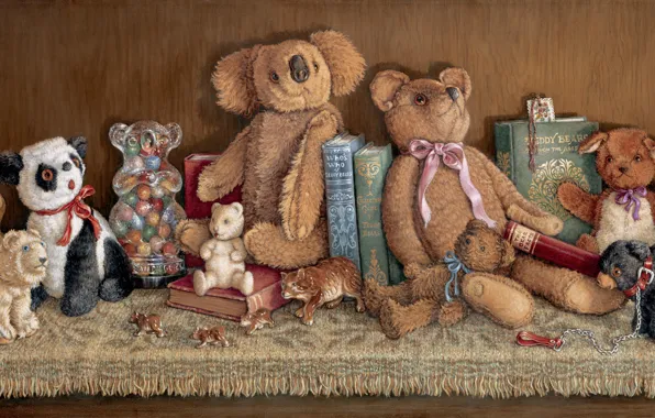 Picture toys, books, art, bear, collection, shelf, Janet Kruskamp