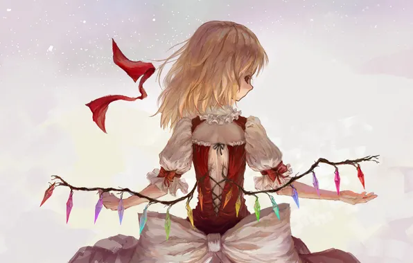 Girl, wings, art, tape, crystals, bow, touhou, flandre scarlet