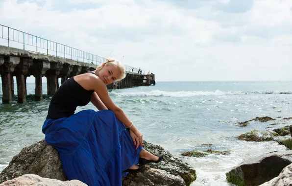 Sea, the sky, girl, clouds, smile, stones, blonde, surf