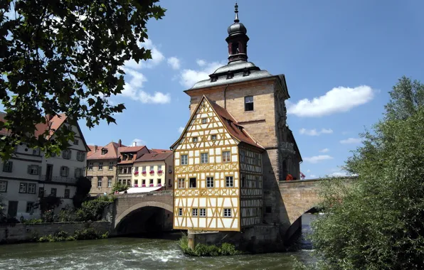 Picture the sky, trees, bridge, river, tower, home, Germany, Bamberg