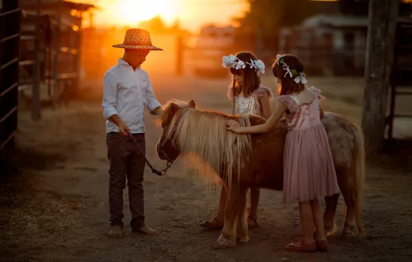 Children, pony, bokeh