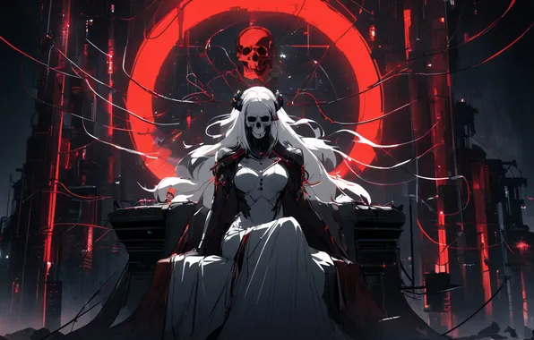 Skull, dress, fantasy, sitting, undead