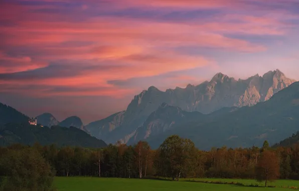 Field, autumn, forest, clouds, trees, sunset, mountains, fog