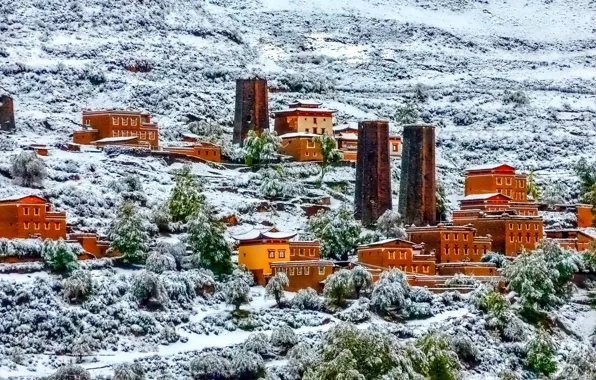 Picture winter, snow, mountains, tower, home, slope