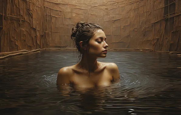 Chest, water, girl, face, wall, pool, bathing, shoulders