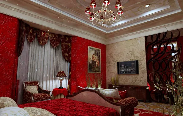Bed, picture, chair, TV, chandelier, curtains, bedroom, interior