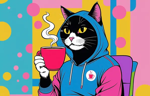 Cat, cat, look, pose, tea, black, the tea party, Cup