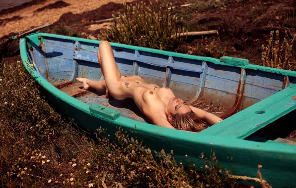 Chest, grass, girl, the sun, pose, shore, model, boat
