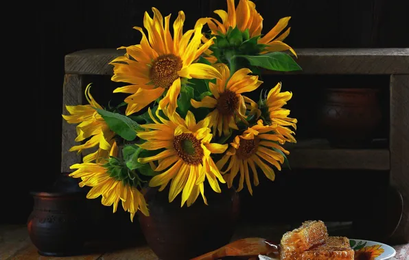Sunflowers, still life, honey, Natalia Kazantseva, krynki