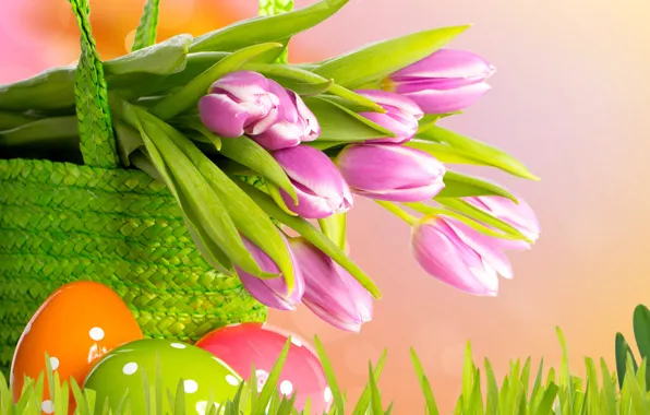 Flowers, eggs, spring, Easter, tulips