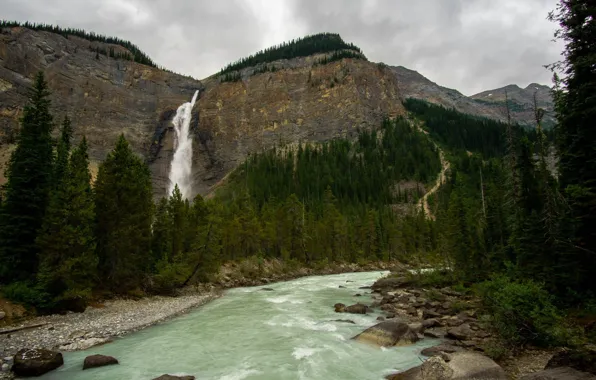 Picture the sky, trees, mountains, clouds, nature, river, rocks, Canada