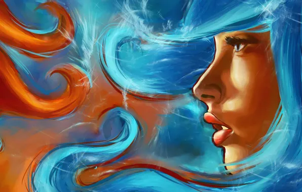 Picture look, water, girl, face, fire, elements, art, lips
