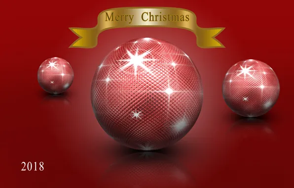 Glare, reflection, rendering, red, balls, color, new year, Christmas