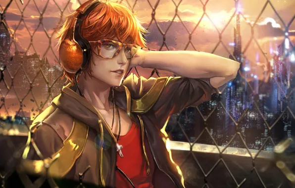 Picture look, the fence, anime, headphones, art, glasses, guy