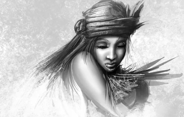 Picture girl, face, figure, art, black and white, closed eyes, monochrome, headdress