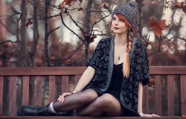 Autumn, girl, bench