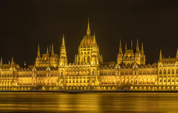 Lights, river, Parliament, Hungary, Budapest, The Danube