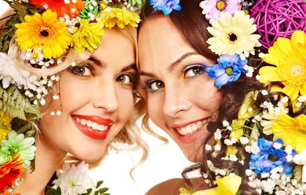 Flowers, girls, Two, smile