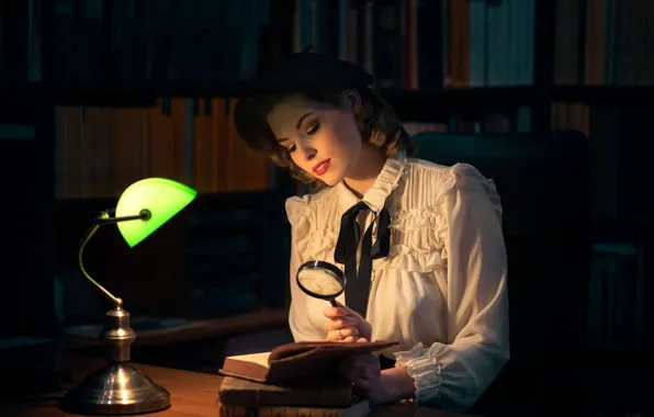 Girl, mood, books, lamp, blouse, library, magnifier, takes