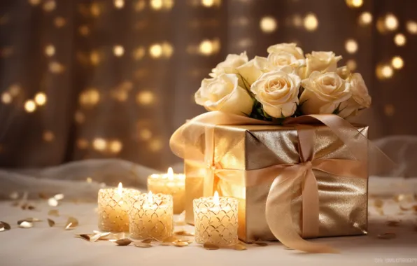 Flowers, holiday, gift, roses, candle, bouquet, candles, bow