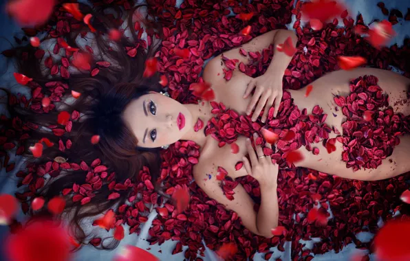 Look, red, sexy, naked, roses, makeup, petals, figure