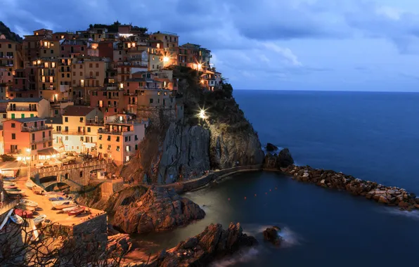 Sea, lights, rocks, home, Italy, Manarola, Cinque Terre
