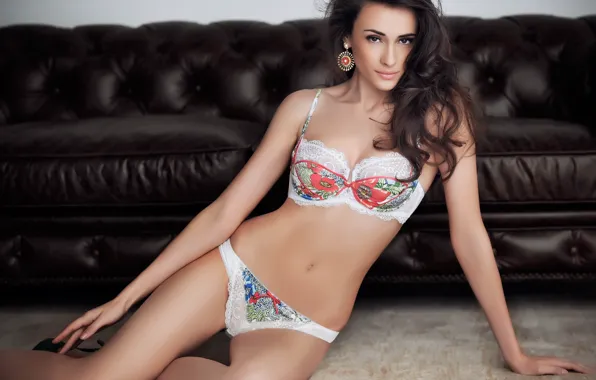 White, look, girl, model, panties, linen, brunette, bra