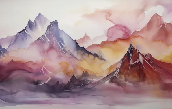 The sky, mountains, rocks, the slopes, tops, blur, imitation of watercolor, imitation painting