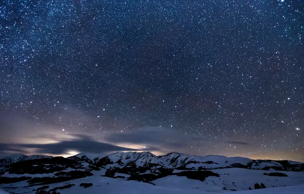 Stars, clouds, snow, landscape, mountains, nature, lights, horizon