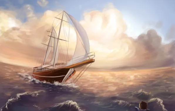 Download Wallpaper Sea Wave The Sky Clouds Ship Mermaid Art Painting Section Painting In