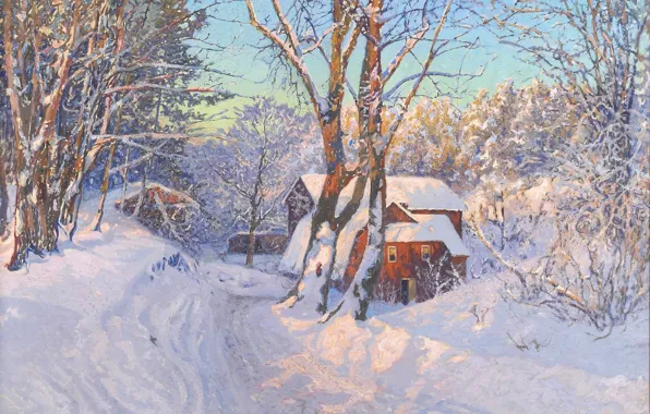 Winter, snow, landscape, dawn, house, Anshelm Leonard Schultz Of Mountain