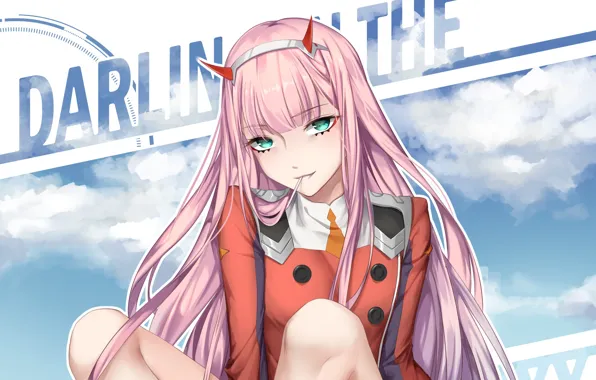 Look, girl, anime, art, sitting, knees, 002, Darling In The Frankxx