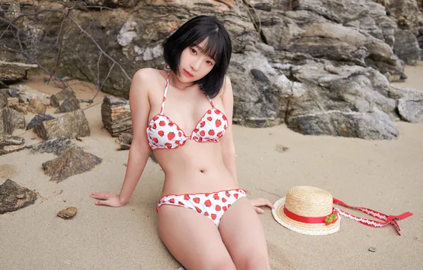 Sand, pose, stay, hat, Asian, cutie, in swimsuit, asian