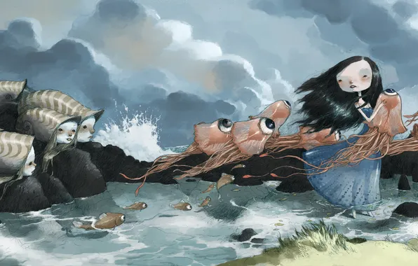 Sea, fantasy, the wind, fish, art, jellyfish, girl