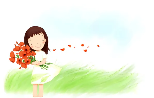 Picture grass, flowers, smile, the wind, bouquet, petals, dress, girl