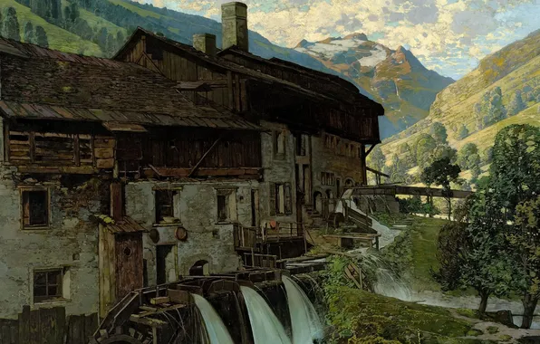 Mountains, house, river, the building, picture, valley, painting