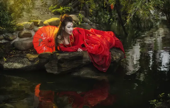 Girl, lake, Asian