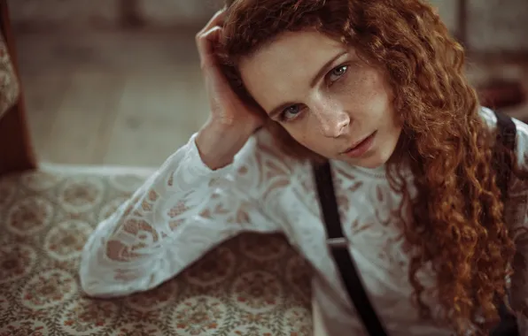 Picture look, girl, face, mood, freckles, red, curls, redhead