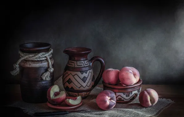 Knife, pitcher, still life, peaches, Fresh peaches