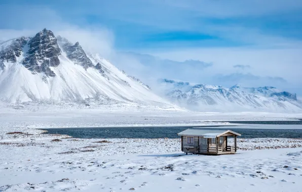Winter, field, clouds, snow, mountains, rocks, shore, the slopes