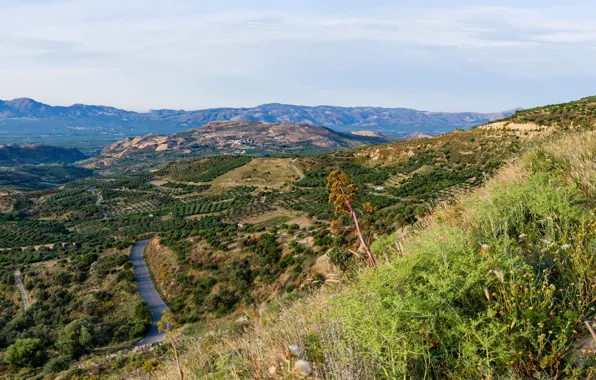 Picture road, field, mountains, Greece, valley, panorama, Sunny, the view from the top