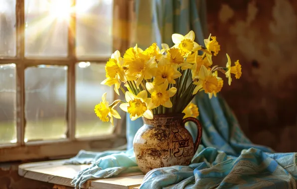 Glass, the sun, rays, light, flowers, table, frame, bouquet