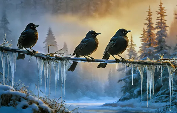 Winter, forest, snow, birds, nature, wire, icicles, painting