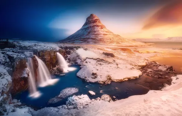 Picture winter, water, light, snow, river, stones, rocks, waterfalls